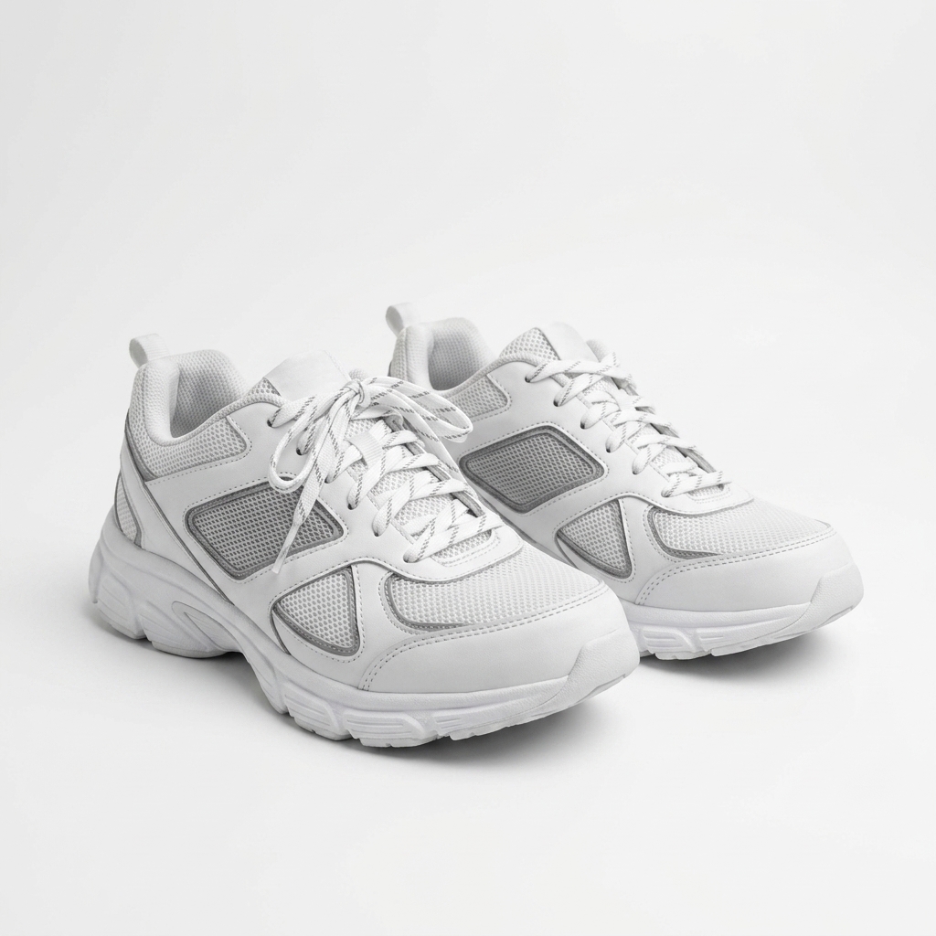 White and grey running sneakers hero on seamless white background.