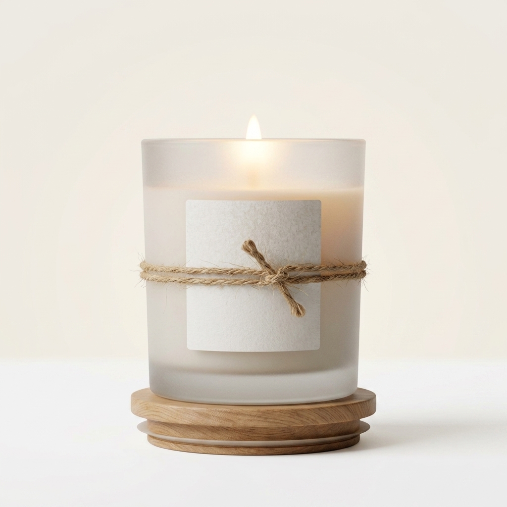Frosted glass soy candle with wood lid on seamless light background.