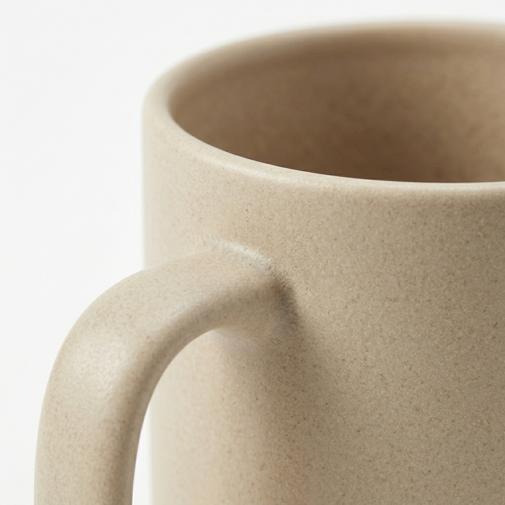 Macro detail of the mug rim and handle junction, matte speckled ceramic texture.
