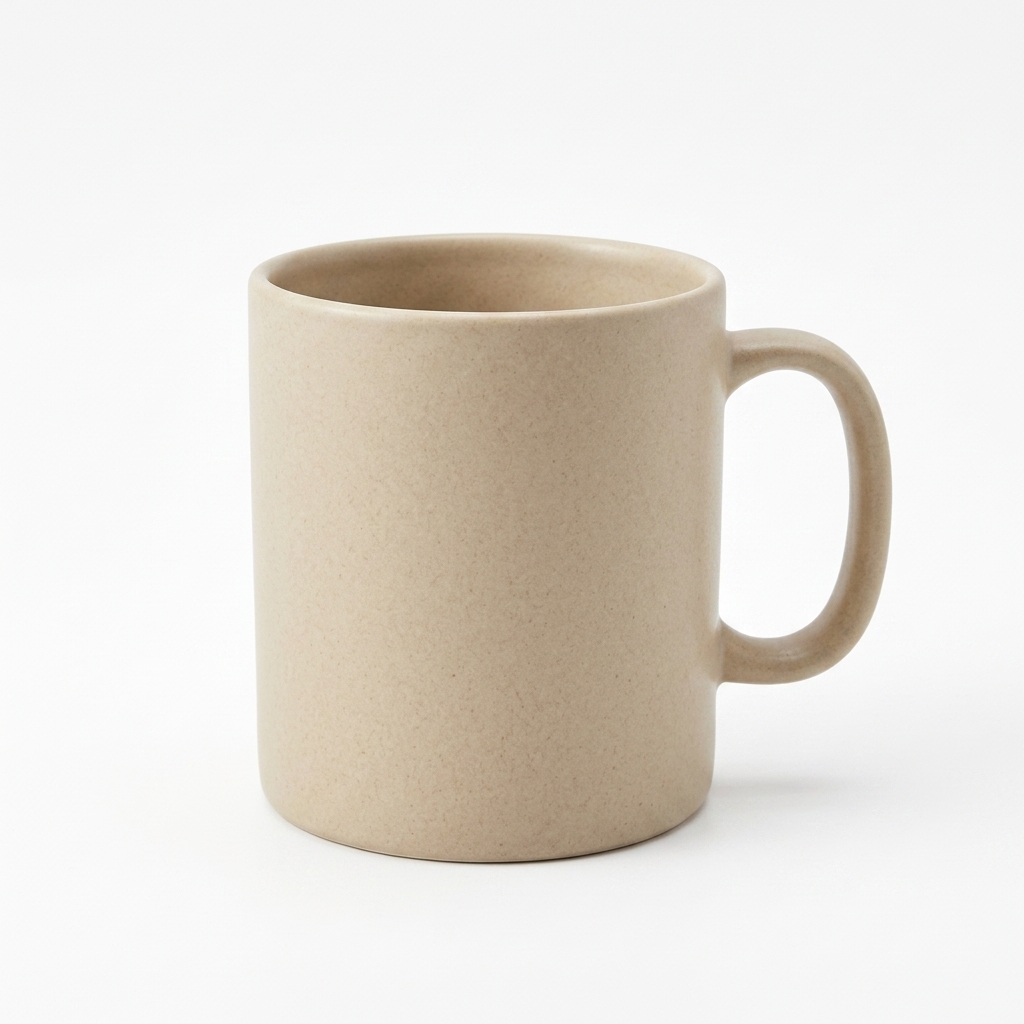Matte oatmeal ceramic mug centered on a seamless off-white background, marketplace main image.