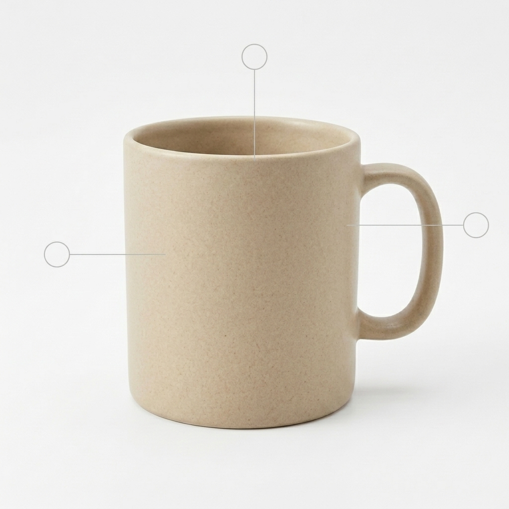 Mug on a clean light background with empty callout markers for feature callouts.