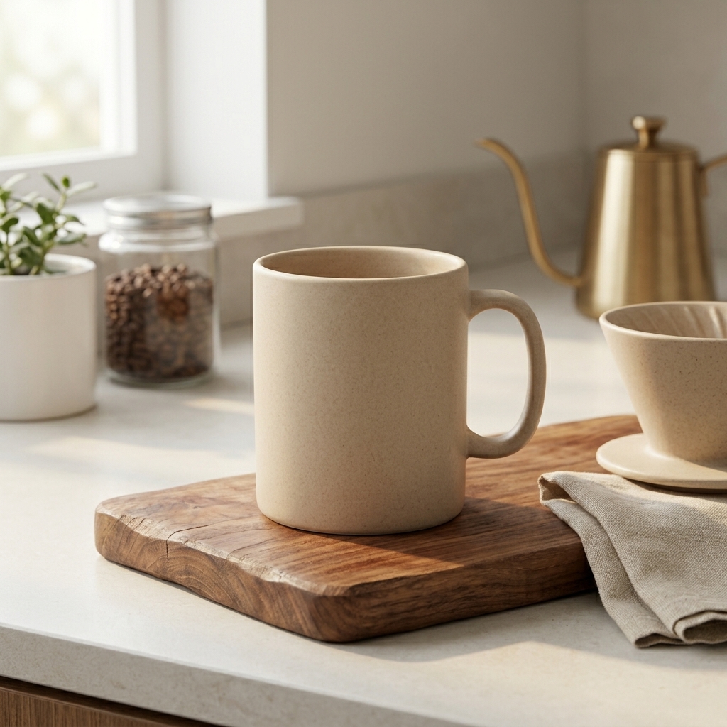 Same oatmeal mug on a wooden board in a bright kitchen with soft morning light.