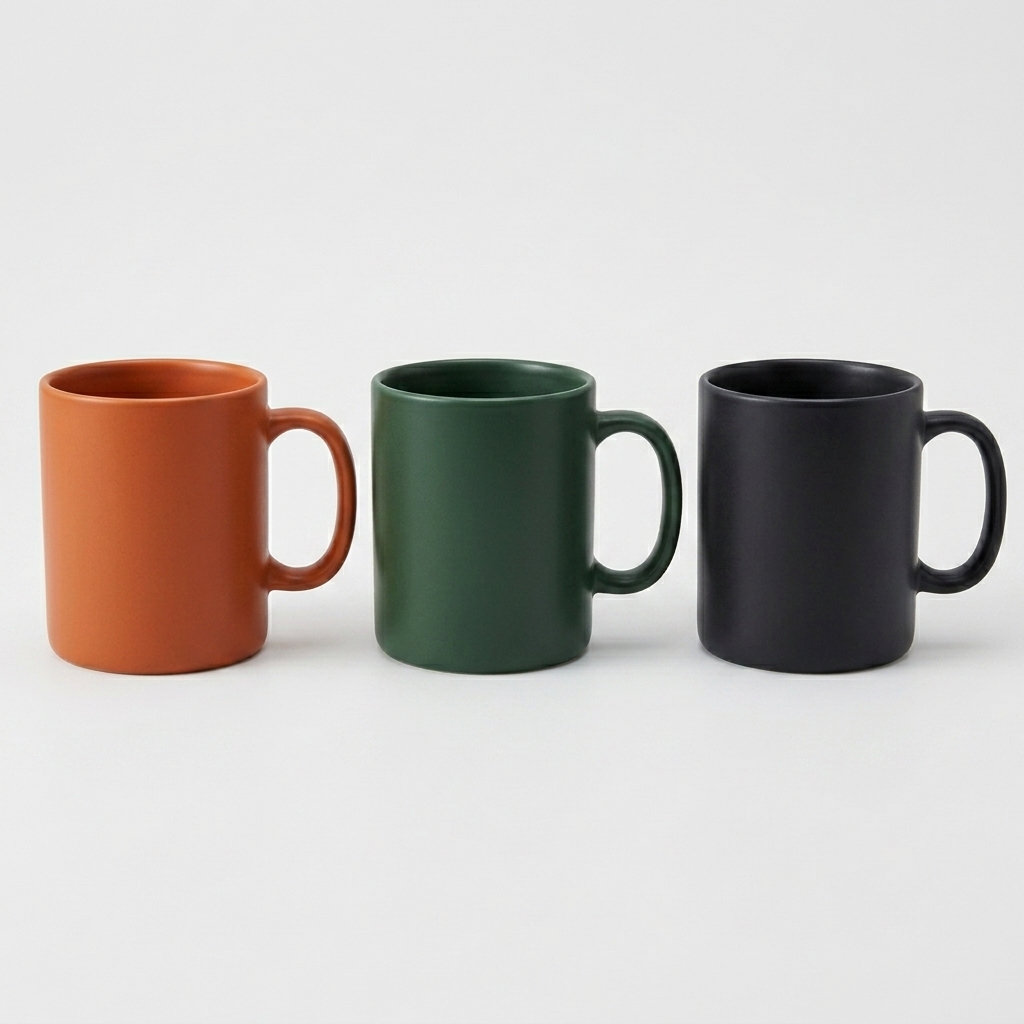 Three identical mugs in terracotta, forest green and charcoal lined up as colorways.