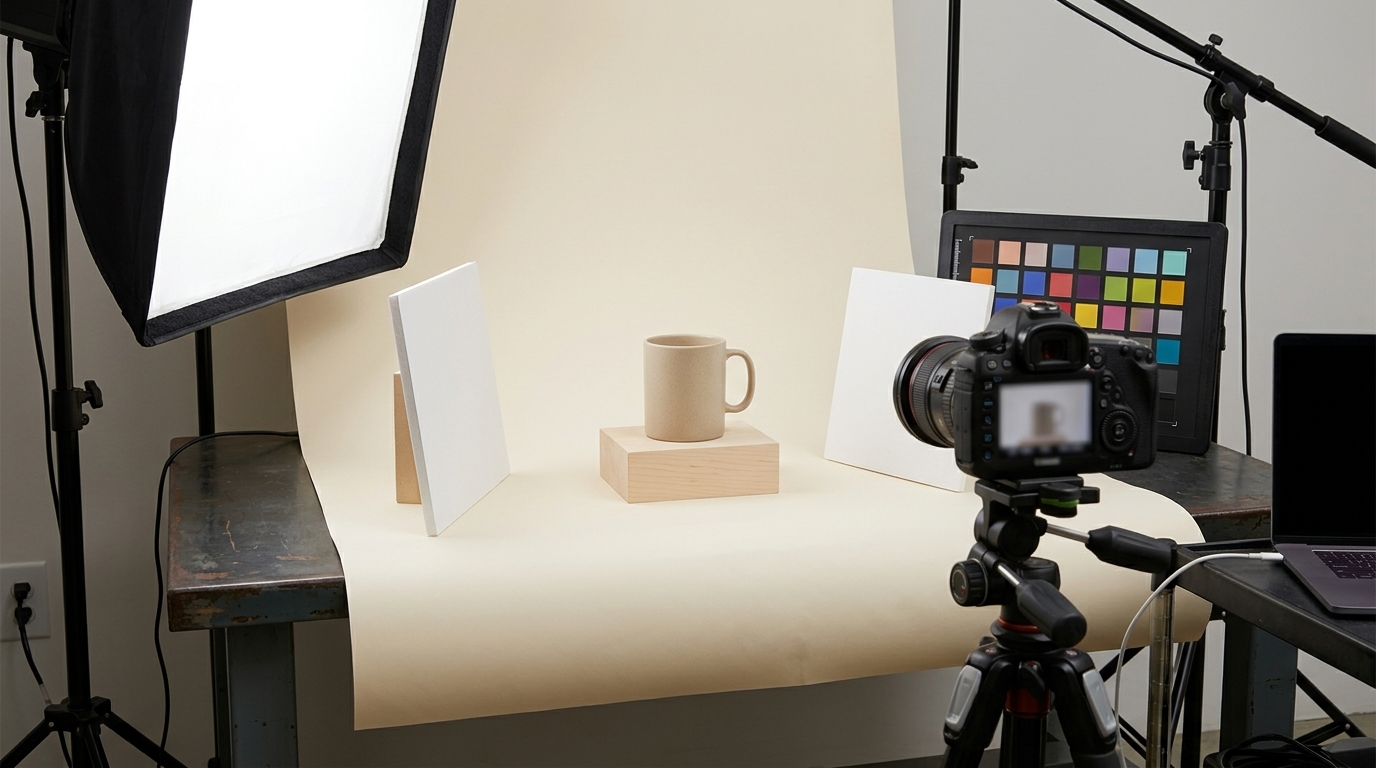 Product photography bench with seamless cream sweep, softbox and the oatmeal ceramic mug on a riser.